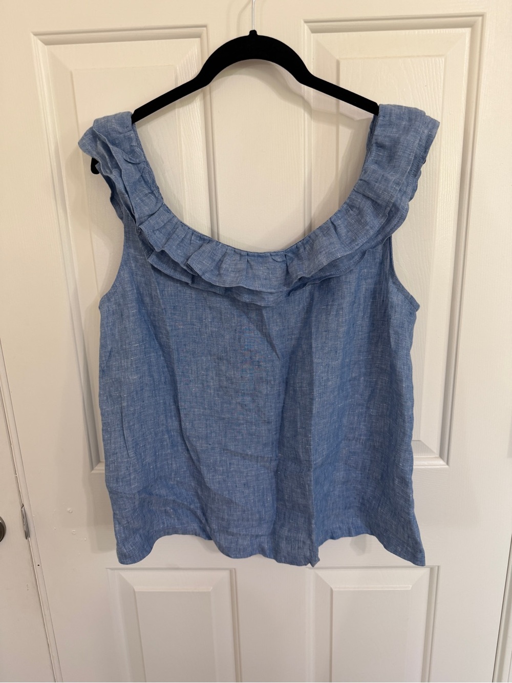 Boden US 10 Blue 100% Linen Sleeveless Double Ruffle Neck Tank Top Coastal